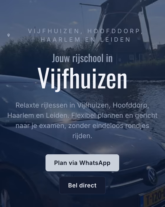 De mobiele site van Danny's Autorijschool met de knop Plan via WhatsApp